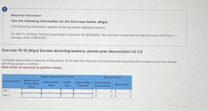 Required information
Use the following information for the Exercises below. (Algo)
[The following information applies to the questions displayed below.]
On April 1, Cyclone Company purchases a trencher for $320,000. The machine is expected to last five years and have a
salvage value of $60,000.
Exercise 10-12 (Algo) Double-declining-balance, partial-year depreciation LO C2
Compute depreciation expense at December 31 for both the first year and second year assuming the company uses the double-
declining-balance method.
Note: Enter all amounts as positive values.
Year 1
Year 2
Annual Period Beginning of
Period Book
Value
Depreciation for the Periodi
Depreciation Partial
Rate
Year
Depreciation
Expense
End of Period
Accumulated
Depreciation
$
$
Book Value
05
0 $
0
0