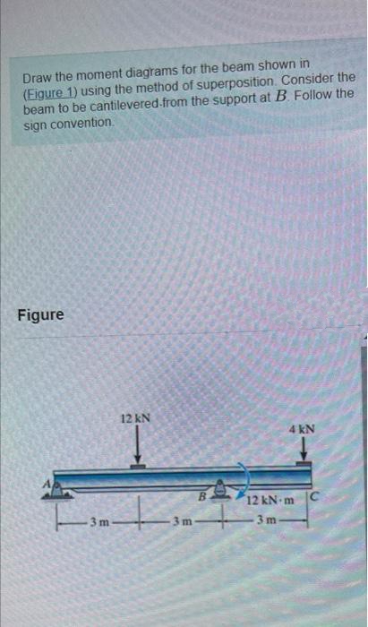 Draw the moment diagrams for the beam shown in
(Figure 1) using the method of superposition. Consider the
beam to be cantilevered from the support at B. Follow the
sign convention.
Figure
4 kN
3m
12 kN
3m
B
12 kN-m
3m