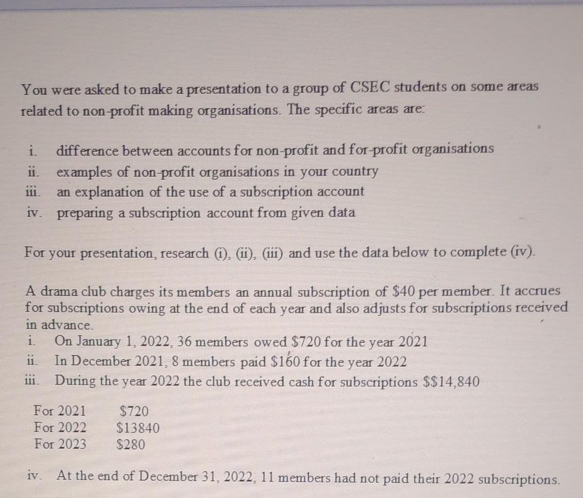 You were asked to make a presentation to a group of CSEC students on some areas
related to non-profit making organisations. The specific areas are:
i difference between accounts for non-profit and for-profit organisations
11. examples of non-profit organisations in your country
111.
an explanation of the use of a subscription account
iv. preparing a subscription account from given data
For your presentation, research (i), (ii), (iii) and use the data below to complete (iv).
A drama club charges its members an annual subscription of $40 per member. It accrues
for subscriptions owing at the end of each year and also adjusts for subscriptions received
in advance.
i.
ii.
111.
On January 1, 2022, 36 members owed $720 for the 2021
year
In December 2021, 8 members paid $160 for the year 2022
During the year 2022 the club received cash for subscriptions $$14,840
$720
$13840
$280
iv. At the end of December 31, 2022, 11 members had not paid their 2022 subscriptions.
For 2021
For 2022
For 2023