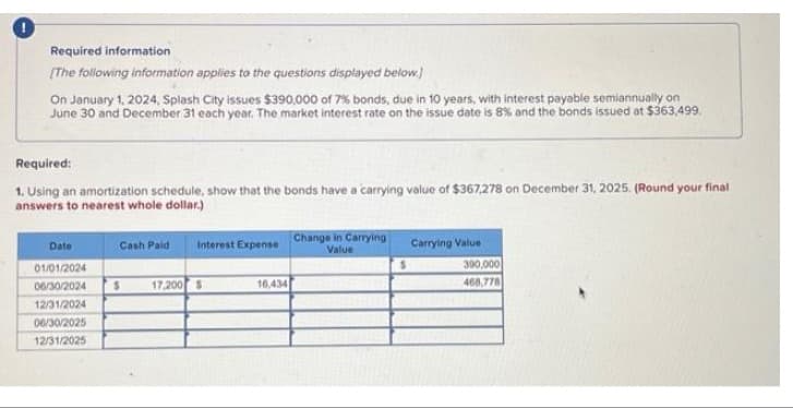 !
Required information
[The following information applies to the questions displayed below.)
On January 1, 2024, Splash City issues $390,000 of 7% bonds, due in 10 years, with interest payable semiannually on
June 30 and December 31 each year. The market interest rate on the issue date is 8% and the bonds issued at $363,499.
Required:
1. Using an amortization schedule, show that the bonds have a carrying value of $367,278 on December 31, 2025. (Round your final
answers to nearest whole dollar.)
Cash Paid Interest Expense
Date
01/01/2024
06/30/2024 $ 17,200 $
12/31/2024
06/30/2025
12/31/2025
16,434
Change in Carrying
Value
$
Carrying Value
390,000
468,778