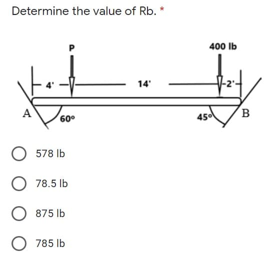 Determine the value of Rb. *
400 Ib
14'
A
60°
450
B
578 lb
78.5 lb
O 875 lb
785 lb
