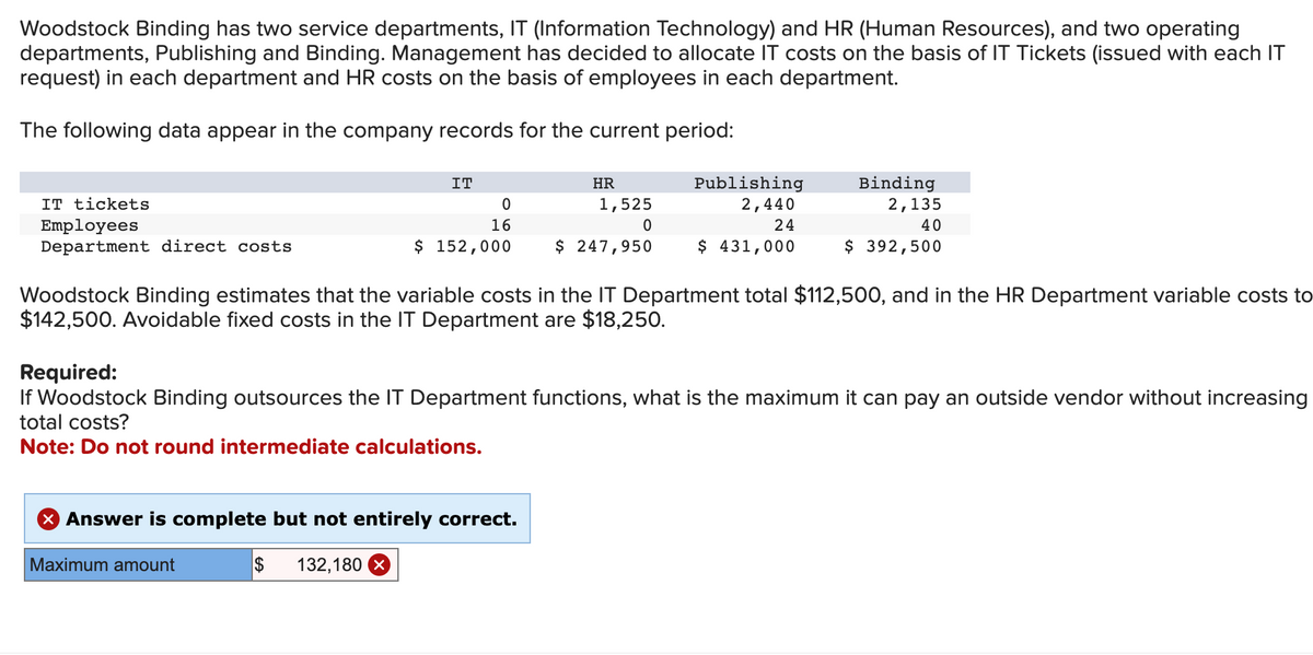 Woodstock Binding has two service departments, IT (Information Technology) and HR (Human Resources), and two operating
departments, Publishing and Binding. Management has decided to allocate IT costs on the basis of IT Tickets (issued with each IT
request) in each department and HR costs on the basis of employees in each department.
The following data appear in the company records for the current period:
IT tickets
Employees
Department direct costs
IT
0
16
$ 152,000
Maximum amount
HR
1,525
0
$ 247,950
X Answer is complete but not entirely correct.
$ 132,180
Publishing
2,440
24
$ 431,000
Woodstock Binding estimates that the variable costs in the IT Department total $112,500, and in the HR Department variable costs to
$142,500. Avoidable fixed costs in the IT Department are $18,250.
Binding
2,135
40
$ 392,500
Required:
If Woodstock Binding outsources the IT Department functions, what is the maximum it can pay an outside vendor without increasing
total costs?
Note: Do not round intermediate calculations.