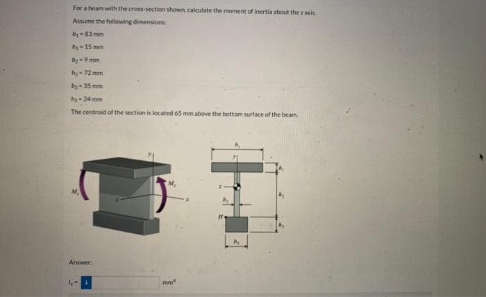 For a beam with the cross-section shown, calculate the moment of inertia about the z axis.
Assume the following dimensions:
by-83mm
h₂ = 15 mm
by 9 mm
b₂-72 mm
by-35 mm
h-24 mm
The centroid of the section is located 65 mm above the bottom surface of the beam.
M₂
H
Answer:
mm
by