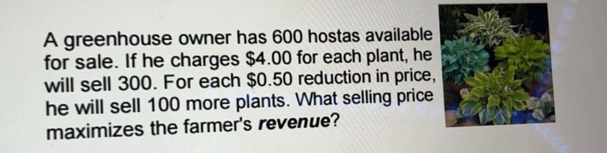 A greenhouse owner has 600 hostas available
for sale. If he charges $4.00 for each plant, he
will sell 300. For each $0.50 reduction in price,
he will sell 100 more plants. What selling price
maximizes the farmer's revenue?