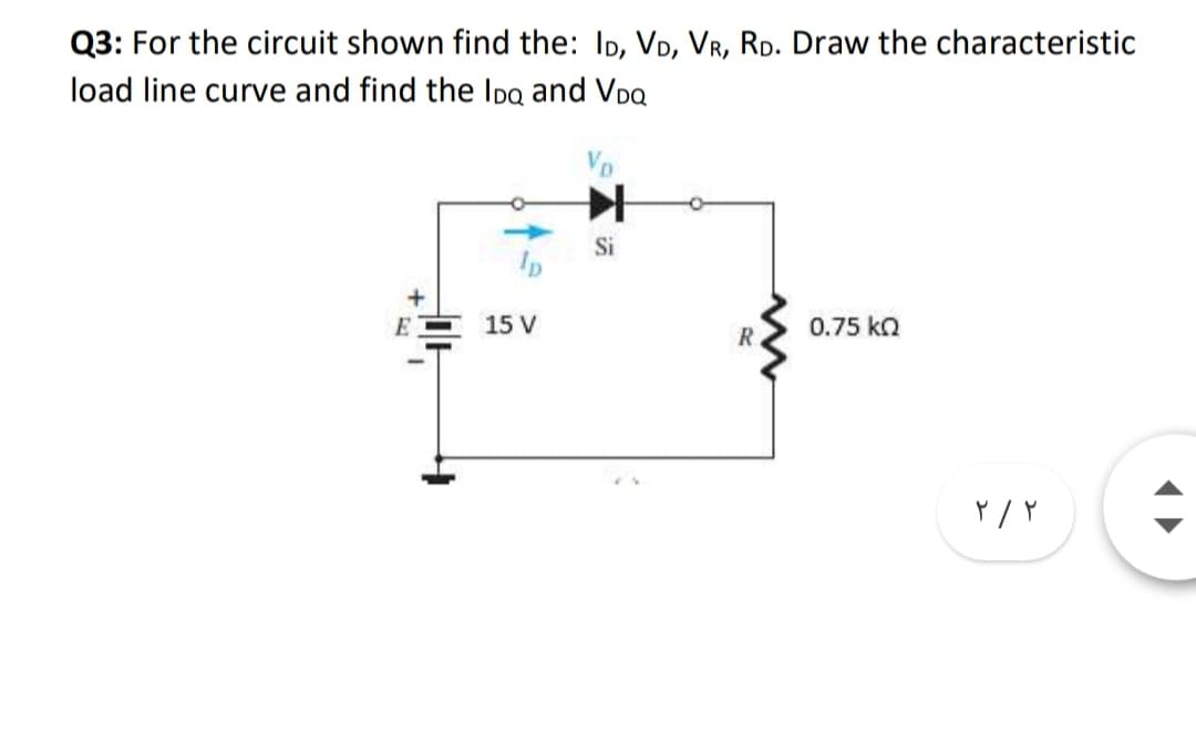 Q3: For the circuit shown find the: ID, VD, VR, RD. Draw the characteristic
load line curve and find the IDa and VDQ
VD
Si
E
15 V
R.
0.75 kQ
