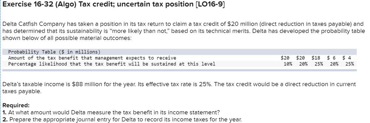 Exercise 16-32 (Algo) Tax credit; uncertain tax position [LO16-9]
Delta Catfish Company has taken a position in its tax return to claim a tax credit of $20 million (direct reduction in taxes payable) and
has determined that its sustainability is "more likely than not,”" based on its technical merits. Delta has developed the probability table
shown below of all possible material outcomes:
Probability Table ($ in millions)
Amount of the tax benefit that management expects to receive
Percentage likelihood that the tax benefit will be sustained at this level
$20 $20 $18 $6 $4
10% 20% 25% 20% 25%
Delta's taxable income is $88 million for the year. Its effective tax rate is 25%. The tax credit would be a direct reduction in current
taxes payable.
Required:
1. At what amount would Delta measure the tax benefit in its income statement?
2. Prepare the appropriate journal entry for Delta to record its income taxes for the year.