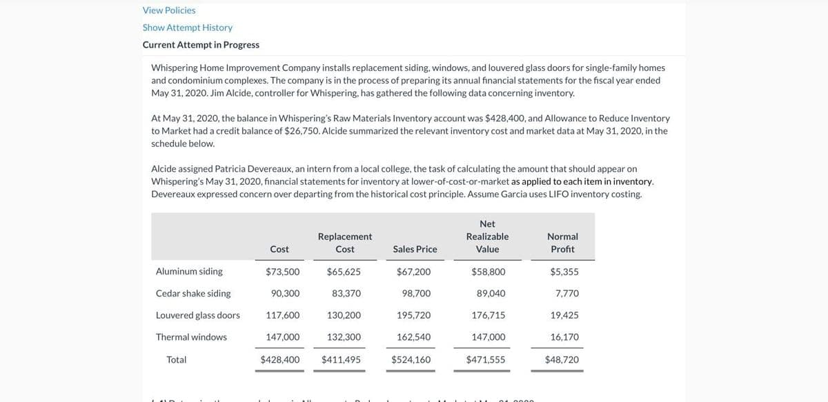View Policies
Show Attempt History
Current Attempt in Progress
Whispering Home Improvement Company installs replacement siding, windows, and louvered glass doors for single-family homes
and condominium complexes. The company is in the process of preparing its annual financial statements for the fiscal year ended
May 31, 2020. Jim Alcide, controller for Whispering, has gathered the following data concerning inventory.
At May 31, 2020, the balance in Whispering's Raw Materials Inventory account was $428,400, and Allowance to Reduce Inventory
to Market had a credit balance of $26,750. Alcide summarized the relevant inventory cost and market data at May 31, 2020, in the
schedule below.
Alcide assigned Patricia Devereaux, an intern from a local college, the task of calculating the amount that should appear on
Whispering's May 31, 2020, financial statements for inventory at lower-of-cost-or-market as applied to each item in inventory.
Devereaux expressed concern over departing from the historical cost principle. Assume Garcia uses LIFO inventory costing.
Aluminum siding
Cedar shake siding
Louvered glass doors
Thermal windows
Total
Cost
$73,500
90,300
117,600
147,000
Replacement
Cost
$65,625
83,370
130,200
132,300
$428,400 $411,495
Sales Price
$67,200
98,700
195,720
162,540
$524,160
Net
Realizable
Value
$58,800
89,040
176,715
147,000
$471,555
Normal
Profit
$5,355
7,770
19,425
16,170
$48,720