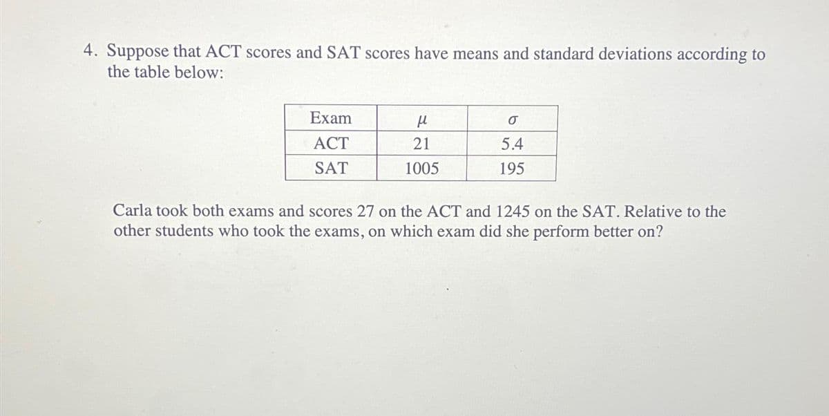 4. Suppose that ACT scores and SAT scores have means and standard deviations according to
the table below:
Exam
ACT
SAT
н
21
1005
O
5.4
195
Carla took both exams and scores 27 on the ACT and 1245 on the SAT. Relative to the
other students who took the exams, on which exam did she perform better on?