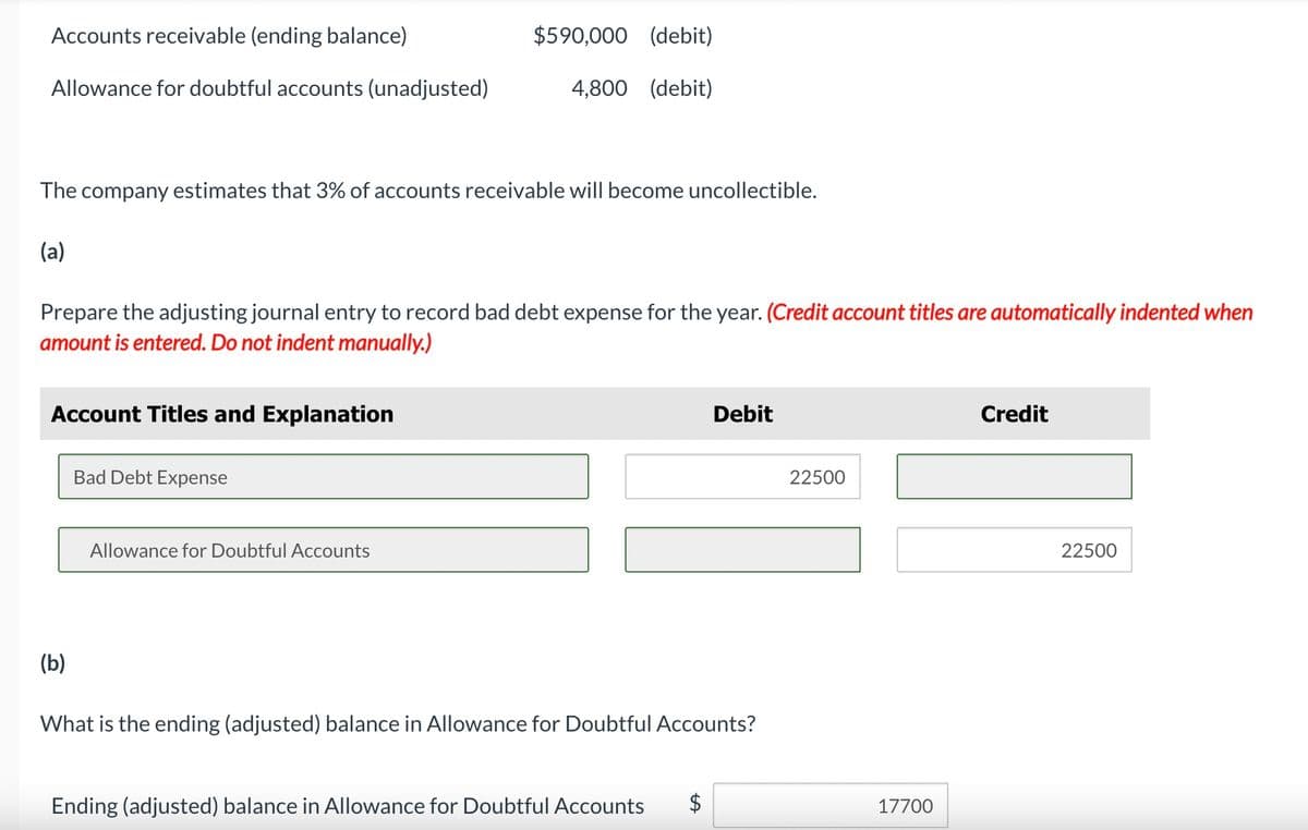 Accounts receivable (ending balance)
Allowance for doubtful accounts (unadjusted)
The company estimates that 3% of accounts receivable will become uncollectible.
(a)
Prepare the adjusting journal entry to record bad debt expense for the year. (Credit account titles are automatically indented when
amount is entered. Do not indent manually.)
Account Titles and Explanation
(b)
$590,000 (debit)
4,800 (debit)
Bad Debt Expense
Allowance for Doubtful Accounts
Debit
What is the ending (adjusted) balance in Allowance for Doubtful Accounts?
Ending (adjusted) balance in Allowance for Doubtful Accounts $
22500
17700
Credit
22500