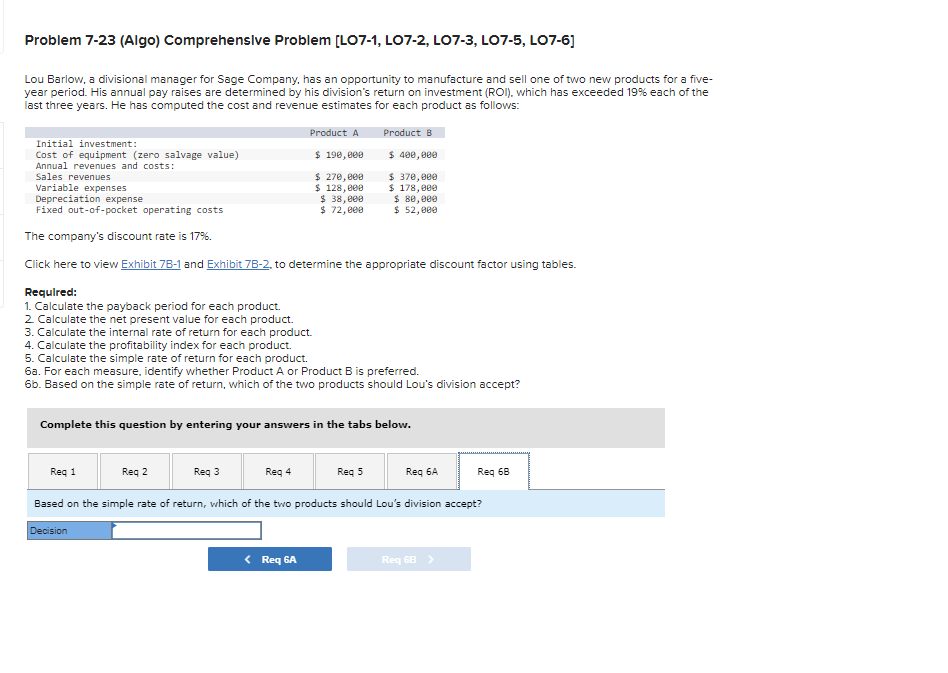 Problem 7-23 (Algo) Comprehensive Problem [LO7-1, L07-2, L07-3, LO7-5, LO7-6]
Lou Barlow, a divisional manager for Sage Company, has an opportunity to manufacture and sell one of two new products for a five-
year period. His annual pay raises are determined by his division's return on investment (ROI), which has exceeded 19% each of the
last three years. He has computed the cost and revenue estimates for each product as follows:
Initial investment:
Cost of equipment (zero salvage value)
Annual revenues and costs:
Sales revenues
Variable expenses
Depreciation expense
Fixed out-of-pocket operating costs
The company's discount rate is 17%.
Click here to view Exhibit 7B-1 and Exhibit 7B-2, to determine the appropriate discount factor using tables.
Product A
Decision
$ 190,000
$ 270,000
$ 128,000
$ 38,000
$ 72,000
Req 3
Product B
Required:
1. Calculate the payback period for each product.
2. Calculate the net present value for each product.
3. Calculate the internal rate of return for each product.
4. Calculate the profitability index for each product.
5. Calculate the simple rate of return for each product.
6a. For each measure, identify whether Product A or Product B is preferred.
6b. Based on the simple rate of return, which of the two products should Lou's division accept?
< Req 6A
Complete this question by entering your answers in the tabs below.
$ 400,000
$ 370,000
$ 178,000
Req 4
Req 1
Req 2
Based on the simple rate of return, which of the two products should Lou's division accept?
$ 80,000
$ 52,000
Req 5
Reg 6A
Req 6B
Reg 6B