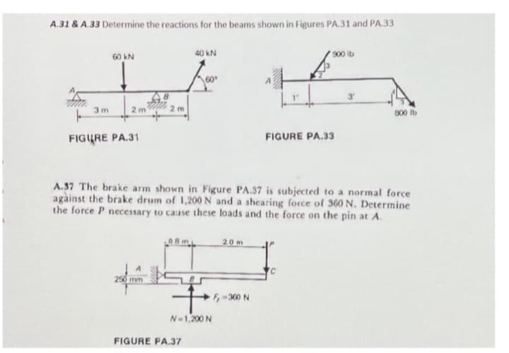 A.31 & A.33 Determine the reactions for the beams shown in Figures PA.31 and PA.33
60 kN
AB
3 m 2 m2 m
FIGURE PA.31
A
250 mm
40 KN
Boo.
60°
08m
+
N=1,200 N
FIGURE PA.37
A.37 The brake arm shown in Figure PA.37 is subjected to a normal force
against the brake drum of 1,200 N and a shearing force of 360 N. Determine
the force P necessary to cause these loads and the force on the pin at A.
2.0 m
F-360 N
900 lb
FIGURE PA.33
C
3
800 lb