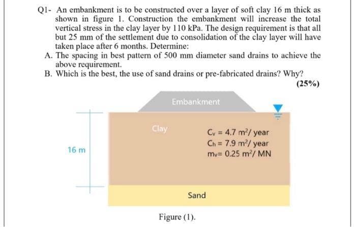 Ql- An embankment is to be constructed over a layer of soft clay 16 m thick as
shown in figure 1. Construction the embankment will increase the total
vertical stress in the clay layer by 110 kPa. The design requirement is that all
but 25 mm of the settlement due to consolidation of the clay layer will have
taken place after 6 months. Determine:
A. The spacing in best pattern of 500 mm diameter sand drains to achieve the
above requirement.
B. Which is the best, the use of sand drains or pre-fabricated drains? Why?
(25%)
Embankment
Clay
Cy = 4.7 m2/ year
Ch = 7.9 m2/ year
mv= 0.25 m2/ MN
16 m
Sand
Figure (1).
