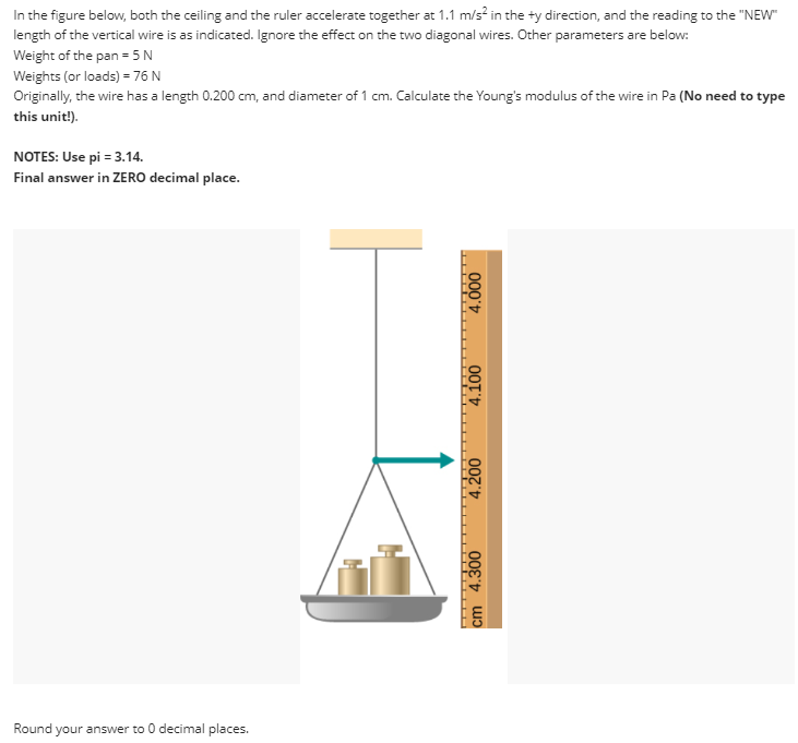 In the figure below, both the ceiling and the ruler accelerate together at 1.1 m/s² in the ty direction, and the reading to the "NEW"
length of the vertical wire is as indicated. Ignore the effect on the two diagonal wires. Other parameters are below:
Weight of the pan = 5 N
Weights (or loads) = 76 N
Originally, the wire has a length 0.200 cm, and diameter of 1 cm. Calculate the Young's modulus of the wire in Pa (No need to type
this unit!).
NOTES: Use pi = 3.14.
Final answer in ZERO decimal place.
Round your answer to 0 decimal places.
4.000
4.100
4.200
cm 4.300
▬▬▬▬▬▬‒‒‒