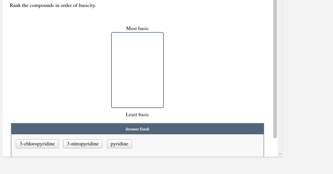 Rank the compounds in order of basicity.
Most basic
Least basic
Answer Bank
3-chloropyridine
3-nitropyridine
pyridine
