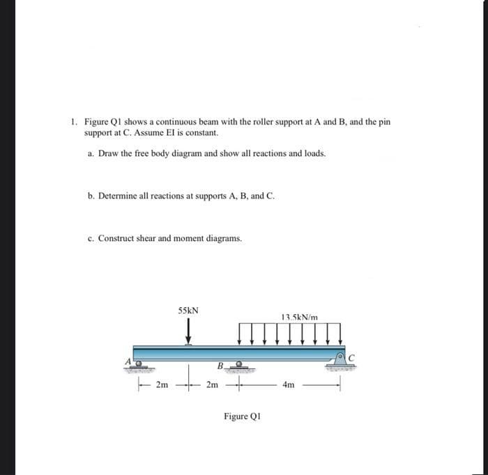 1. Figure Ql shows a continuous beam with the roller support at A and B, and the pin
support at C. Assume El is constant.
a. Draw the free body diagram and show all reactions and loads.
b. Determine all reactions at supports A, B, and C.
c. Construct shear and moment diagrams.
55KN
13.5kN/m
2m
2m
4m
Figure QI
