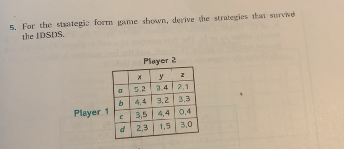 5. For the strategic form game shown, derive the strategies that survive
the IDSDS.
Player 2
y
5,2
3,4 2,1
4,4
3,2 3,3
Player 1
3,5
4,4 0,4
2,3
1,5 3,0
