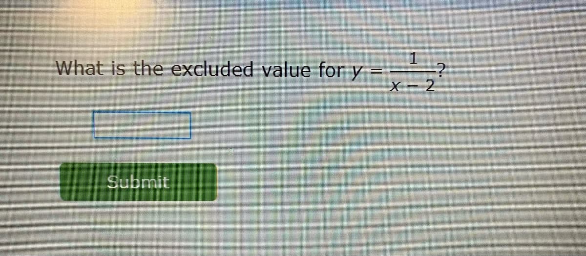 1.
What is the excluded value for y
%3D
2.
Submit
