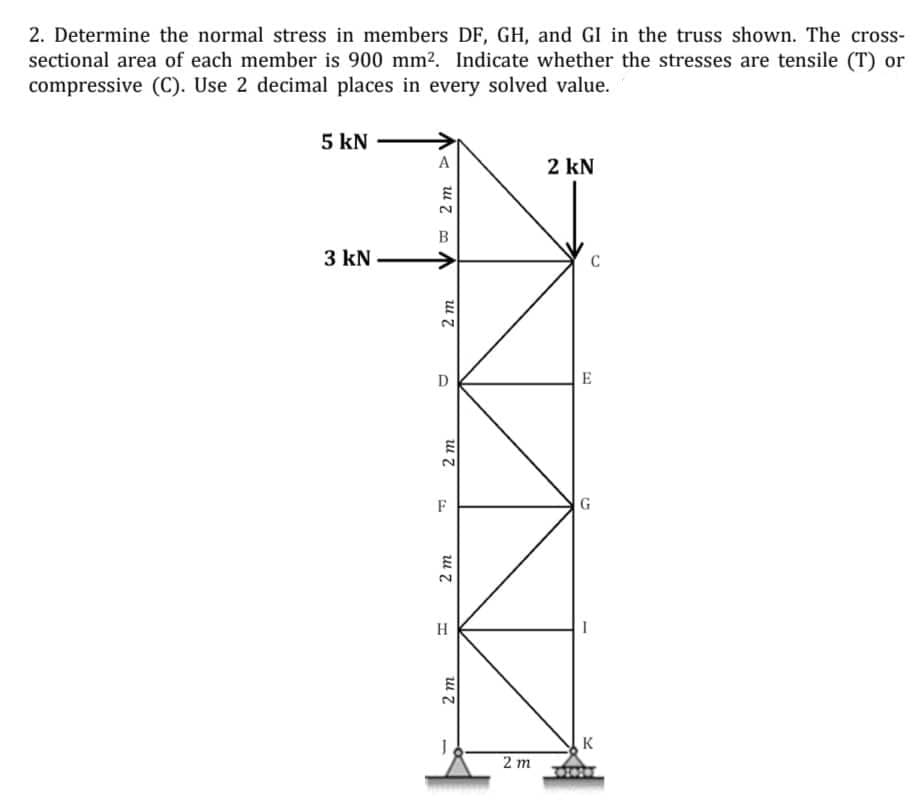 2. Determine the normal stress in members DF, GH, and GI in the truss shown. The cross-
sectional area of each member is 900 mm2. Indicate whether the stresses are tensile (T) or
compressive (C). Use 2 decimal places in every solved value.
5 kN
A
2 kN
B
3 kN
C
F
H
K
2 m
2m
2 m
