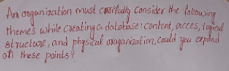 An ogonization must cRifuly Consider Hhe folilowing
themes while Caeating a datobase: content, acces,lopical
structure, and phyccal araganization, cauld zru expdnd
gou
on these points?
