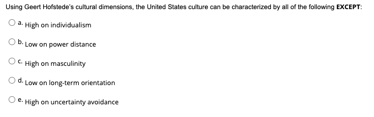 Using Geert Hofstede's cultural dimensions, the United States culture can be characterized by all of the following EXCEPT:
a. High on individualism
O b. Low on power distance
C. High on masculinity
d.
Low on long-term orientation
e.
High on uncertainty avoidance