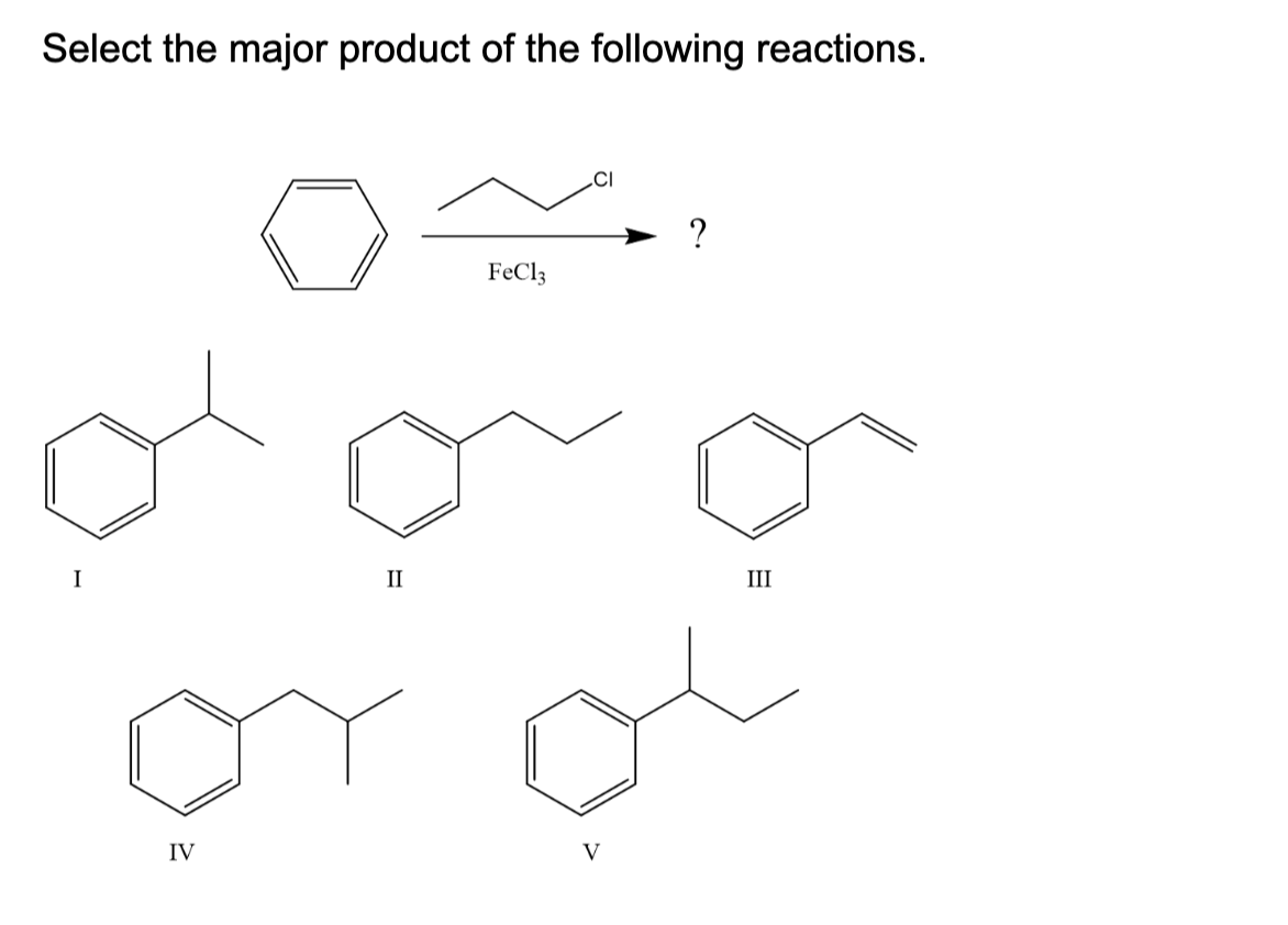 Select the major product of the following reactions.
I
II
FeCl3
IV
V
CI
?
III