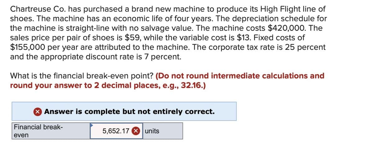 Chartreuse Co. has purchased a brand new machine to produce its High Flight line of
shoes. The machine has an economic life of four years. The depreciation schedule for
the machine is straight-line with no salvage value. The machine costs $420,000. The
sales price per pair of shoes is $59, while the variable cost is $13. Fixed costs of
$155,000 per year are attributed to the machine. The corporate tax rate is 25 percent
and the appropriate discount rate is 7 percent.
What is the financial break-even point? (Do not round intermediate calculations and
round your answer to 2 decimal places, e.g., 32.16.)
× Answer is complete but not entirely correct.
Financial break-
even
5,652.17 units