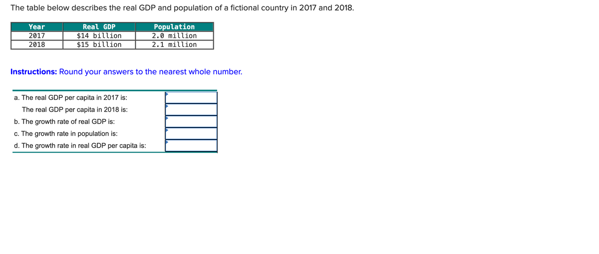 The table below describes the real GDP and population of a fictional country in 2017 and 2018.
Population
2.0 million
Year
Real GDP
2017
$14 billion
2018
$15 billion
2.1 million
Instructions: Round your answers to the nearest whole number.
a. The real GDP per capita in 2017 is:
The real GDP per capita in 2018 is:
b. The growth rate of real GDP is:
c. The growth rate in population is:
d. The growth rate in real GDP per capita is: