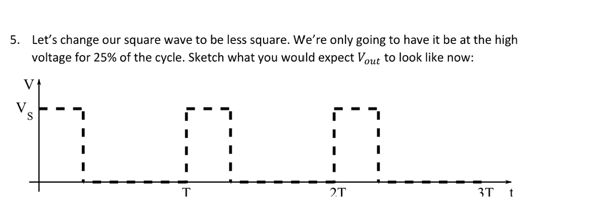 5. Let's change our square wave to be less square. We're only going to have it be at the high
voltage for 25% of the cycle. Sketch what you would expect Vout to look like now:
ha n
2.T
V
S
T
3T
t