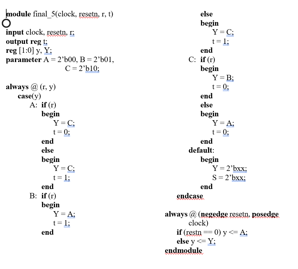 module final 5(clock, resetn, r, t)
else
begin
Y = C;
t=1;
input clock, resetn, r;
output reg t;
reg [1:0] y, Y;
parameter A=2’b00, B = 2’b01,
end
С: if (r)
begin
Y = B;
C = 2'b10;
always @ (r, y)
case(y)
А: if (r)
begin
Y = C;
t= 0;
t= 0:
end
else
begin
Y= A;
t= 0;
end
end
else
default:
begin
Y= C;
t= 1;
begin
Y= 2'bxx;
S = 2'bxx;
end
end
B: if (r)
begin
Y = A;
t= 1;
endcase
always @ (negedge resetn, posedge
clock)
if (restn = 0) y <- A;
else y <= Y;
endmodule
end
