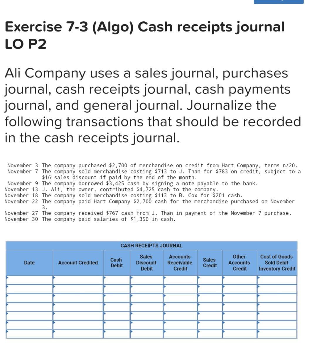 Exercise 7-3 (Algo) Cash receipts journal
LO P2
Ali Company uses a sales journal, purchases
journal, cash receipts journal, cash payments
journal, and general journal. Journalize the
following transactions that should be recorded
in the cash receipts journal.
November 3 The company purchased $2,700 of merchandise on credit from Hart Company, terms n/20.
November 7 The company sold merchandise costing $713 to J. Than for $783 on credit, subject to a
$16 sales discount if paid by the end of the month.
November 9 The company borrowed $3,425 cash by signing a note payable to the bank.
November 13 J. Ali, the owner, contributed $4,725 cash to the company.
November 18 The company sold merchandise costing $113 to B. Cox for $201 cash.
November 22 The company paid Hart Company $2,700 cash for the merchandise purchased on November
3.
November 27 The company received $767 cash from J. Than in payment of the November 7 purchase.
November 30 The company paid salaries of $1,350 in cash.
Date
Account Credited
CASH RECEIPTS JOURNAL
Sales
Discount
Debit
Cash
Debit
Acco
Receivable
Credit
Sales
Credit
Accounts
Credit
Cost Good
Sold Debit
Inventory Credit