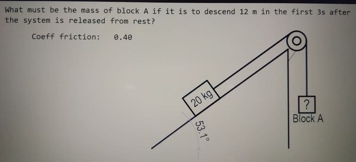 What must be the mass of block A if it is to descend 12 m in the first 3s after
the system is released from rest?
Coeff friction:
0.40
20 kg
?
Block A
53.1°
