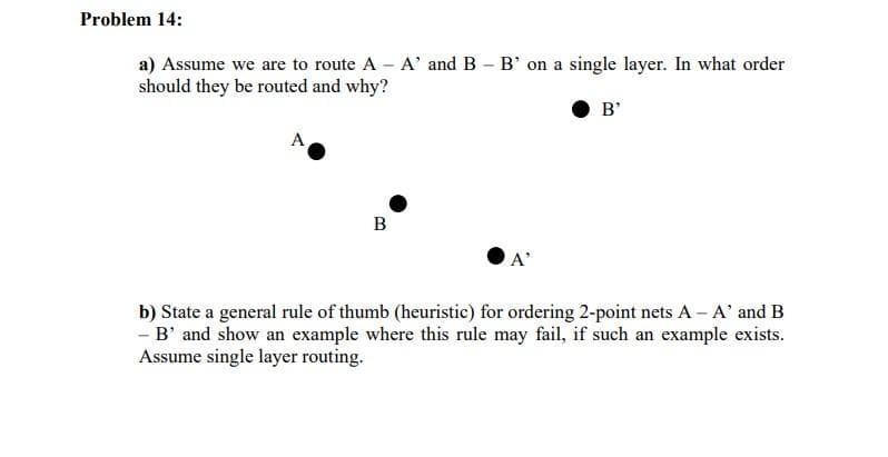 Problem 14:
a) Assume we are to route A A' and B - B' on a single layer. In what order
should they be routed and why?
B'
A
B
A'
b) State a general rule of thumb (heuristic) for ordering 2-point nets A – A' and B
- B' and show an example where this rule may fail, if such an example exists.
Assume single layer routing.
