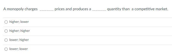 A monopoly charges
higher; lower
O higher; higher
lower; higher
lower; lower
prices and produces a
quantity than a competitive market.