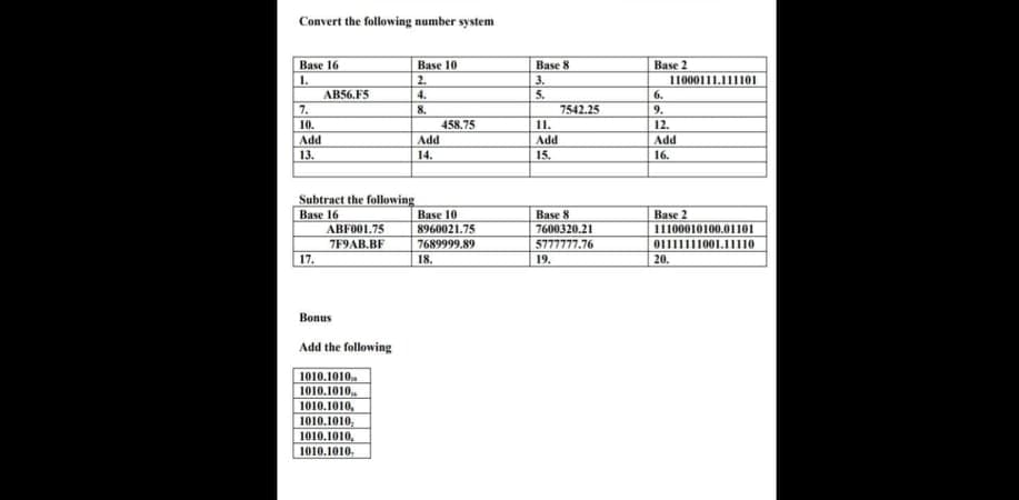 Convert the following number system
Base 10
2.
4.
Вase 2
11000111.111101
6.
Base 16
Вase 8
1.
3.
5.
AB56.F5
7.
8.
7542.25
9.
10.
458.75
11.
12.
Add
Add
Add
Add
13.
14.
15.
16.
Subtract the following
Base 16
Base 8
7600320.21
5777777.76
Base 2
11100010100.01101
01111111001.JI110
Base 10
ABF001.75
7F9AB.BF
8960021.75
7689999.89
17.
18.
19.
20.
Bonus
Add the following
1010.1010
1010.1010
1010.1010,
1010.1010,
1010.1010,
1010.1010.
