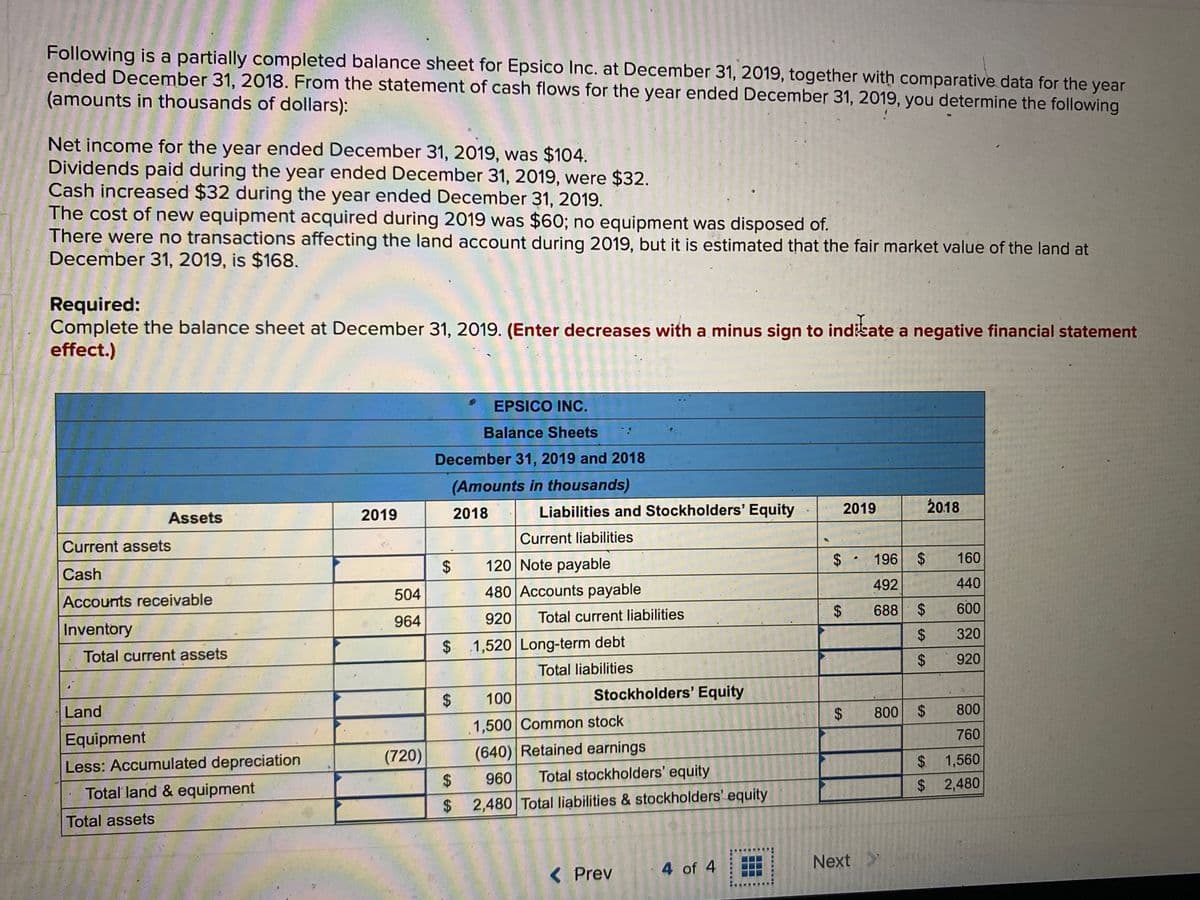 Following is a partially completed balance sheet for Epsico Inc. at December 31, 2019, together with comparative data for the year
ended December 31, 2018. From the statement of cash flows for the year ended December 31, 2019, you determine the following
(amounts in thousands of dollars):
Net income for the year ended December 31, 2019, was $104.
Dividends paid during the year ended December 31, 2019, were $32.
Cash increased $32 during the year ended December 31, 2019.
The cost of new equipment acquired during 2019 was $60; no equipment was disposed of.
There were no transactions affecting the land account during 2019, but it is estimated that the fair market value of the land at
December 31, 2019, is $168.
Required:
Complete the balance sheet at December 31, 2019. (Enter decreases with a minus sign to indikate a negative financial statement
effect.)
EPSICO INC.
Balance Sheets
December 31, 2019 and 2018
(Amounts in thousands)
2018
Liabilities and Stockholders' Equity
2019
20.18
Assets
2019
Current liabilities
Current assets
196
160
2$
120 Note payable
Cash
492
440
504
480 Accounts payable
Accounts receivable
688
600
964
920
Total current liabilities
Inventory
2$
320
2$
$ 1,520 Long-term debt
Total current assets
920
Total liabilities
100
Stockholders' Equity
Land
800
800
.1,500 Common stock
760
Equipment
(720)
(640) Retained earnings
1,560
Less: Accumulated depreciation
2$
960
Total stockholders' equity
Total land & equipment
$ 2,480
$ 2,480 Total liabilities & stockholders' equity
Total assets
4 of 4
Next
< Prev
%24
%24
%24
%24
%24
%24
%24
%24
%24
