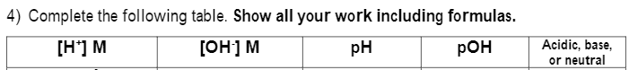 4) Complete the following table. Show all your work including formulas.
[H'] M
[OH] M
pH
pOH
Acidic, base,
or neutral
