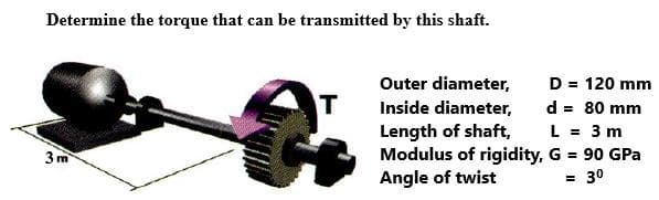 Determine the torque that can be transmitted by this shaft.
D = 120 mm
d = 80 mm
L = 3 m
Modulus of rigidity, G = 90 GPa
= 30
Outer diameter,
Inside diameter,
IT
Length of shaft,
3m
Angle of twist
