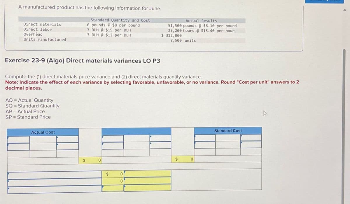 A manufactured product has the following information for June.
Direct materials
Direct labor
Overhead
Units manufactured
Standard Quantity and Cost
6 pounds @$8 per pound
3 DLH @ $15 per DLH
3 DLH @ $12 per DLH
Actual Results
51,500 pounds @ $8.10 per pound
25,200 hours @ $15.40 per hour
$ 312,000
8,500 units
Exercise 23-9 (Algo) Direct materials variances LO P3
Compute the (1) direct materials price variance and (2) direct materials quantity variance.
Note: Indicate the effect of each variance by selecting favorable, unfavorable, or no variance. Round "Cost per unit" answers to 2
decimal places.
AQ Actual Quantity
SQ
Standard Quantity
AP
Actual Price
SP
Standard Price
Actual Cost
$
0
$
$
0
Standard Cost