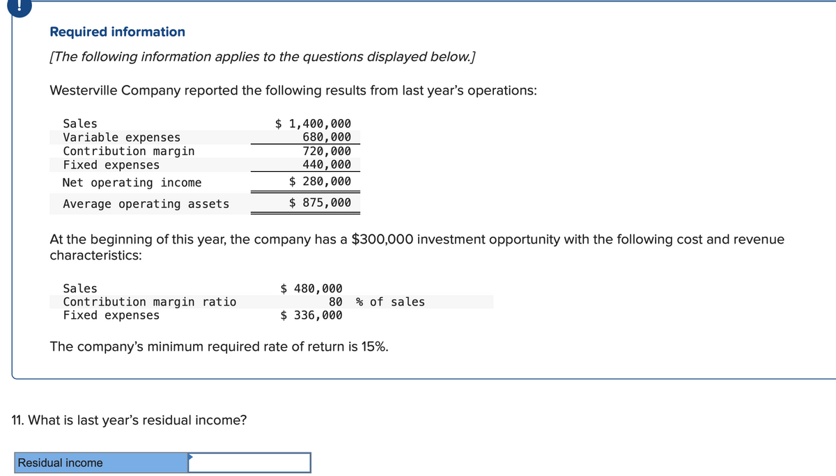 Required information
[The following information applies to the questions displayed below.]
Westerville Company reported the following results from last year's operations:
Sales
Variable expenses
Contribution margin
Fixed expenses
Net operating income
Average operating assets
$ 1,400,000
680,000
720,000
440,000
$ 280,000
$875,000
At the beginning of this year, the company has a $300,000 investment opportunity with the following cost and revenue
characteristics:
Sales
$ 480,000
Contribution margin ratio
Fixed expenses
80 % of sales
$ 336,000
The company's minimum required rate of return is 15%.
11. What is last year's residual income?
Residual income