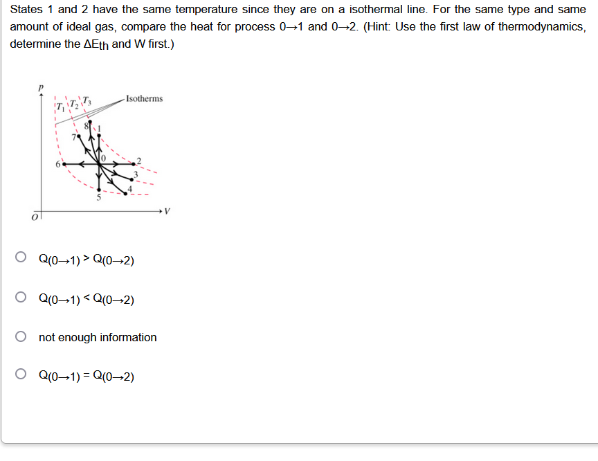 States 1 and 2 have the same temperature since they are on a isothermal line. For the same type and same
amount of ideal gas, compare the heat for process 0-1 and 0→2. (Hint: Use the first law of thermodynamics,
determine the AEth and W first.)
2173
Isotherms
O Q(0-1) > Q(0-2)
O Q(0-1) <Q(0-2)
not enough information
O Q(0-1) = Q(0→2)