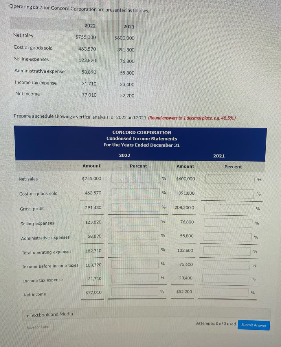 Operating data for Concord Corporation are presented as follows.
Net sales
Cost of goods sold
Selling expenses
Administrative expenses
Income tax expense
Net income
Net sales
Cost of goods sold
Gross profit
Selling expenses
Administrative expenses
Total operating expenses
Income before income taxes
Income tax expense
Net income
eTextbook and Media
2022
$755,000
Save for Later
463,570
123,820
Prepare a schedule showing a vertical analysis for 2022 and 2021. (Round answers to 1 decimal place, e.g. 48.5%.)
58.890
31.710
77,010
Amount
$755,000
463,570
291,430
123,820
58,890
182,710
108,720
31.710
2021
$77,010
$600.000
391,800
76,800
55,800
23,400
52,200
CONCORD CORPORATION
Condensed Income Statements
For the Years Ended December 31
2022
Percent
%
%
%
%
%
%
%
%
%
Amount
$600,000
391,800
208,200.0
76,800
55,800
132,600
75,600
23,400
$52,200
2021
Percent
Attempts: 0 of 2 used
%
%
%
%
%
%
%
%
%
Submit Answer