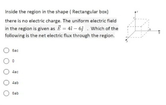 Inside the region in the shape ( Rectangular box)
there is no electric charge. The uniform electric field
in the region is given as E = 4i-6j. Which of the
following is the net electric flux through the region.
бас
4ac
4ab
óab
