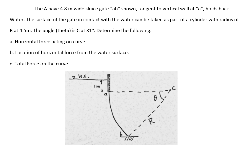 The A have 4.8 m wide sluice gate "ab" shown, tangent to vertical wall at "a", holds back
Water. The surface of the gate in contact with the water can be taken as part of a cylinder with radius of
B at 4.5m. The angle (theta) is C at 31°. Determine the following:
a. Horizontal force acting on curve
b. Location of horizontal force from the water surface.
c. Total Force on the curve
I W.S.
Im
