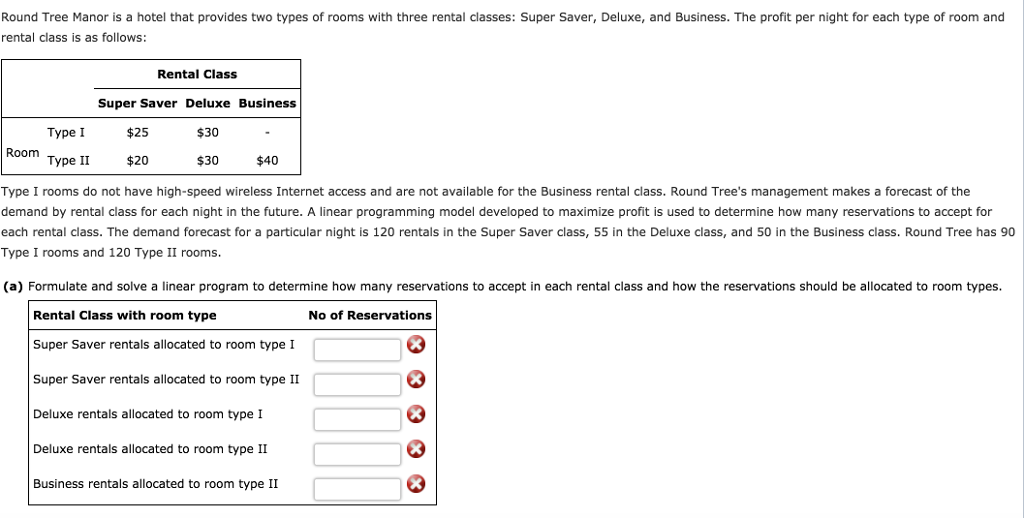 Round Tree Manor is a hotel that provides two types of rooms with three rental classes: Super Saver, Deluxe, and Business. The profit per night for each type of room and
rental class is as follows:
Room
Rental Class
Super Saver Deluxe Business
$30
$30
Type I
Type II
Type I rooms do not have high-speed wireless Internet access and are not available for the Business rental class. Round Tree's management makes a forecast of the
demand by rental class for each night in the future. A linear programming model developed to maximize profit is used to determine how many reservations to accept for
each rental class. The demand forecast for a particular night is 120 rentals in the Super Saver class, 55 in the Deluxe class, and 50 in the Business class. Round Tree has 90
Type I rooms and 120 Type II rooms.
$25
$20
$40
(a) Formulate and solve a linear program to determine how many reservations to accept in each rental class and how the reservations should be allocated to room types.
Rental Class with room type
Super Saver rentals allocated to room type I
Super Saver rentals allocated to room type II
Deluxe rentals allocated to room type I
Deluxe rentals allocated to room type II
Business rentals allocated to room type II
No of Reservations