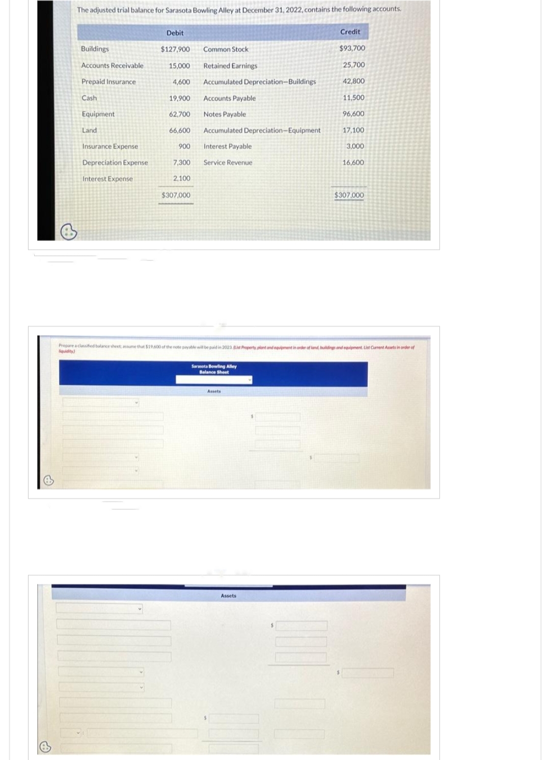 The adjusted trial balance for Sarasota Bowling Alley at December 31, 2022, contains the following accounts.
Buildings
Accounts Receivable.
Prepaid Insurance
Cash
Equipment
Land
Insurance Expense
Depreciation Expense
Interest Expense
Debit
$127,900
Common Stock
15,000
Retained Earnings
4,600 Accumulated Depreciation-Buildings
Accounts Payable
Notes Payable.
19,900
62,700
66,600
900
7,300
2,100
$307,000
Accumulated Depreciation-Equipment
Interest Payable
Service Revenue
Sarasota Bowling Alley
Balance Sheet
Assets
Credit
$93,700
25,700
Assets
42,800
11,500
96,600
17,100
3,000
Prepare a classified balance sheet; assume that $19.600 of the note payable will be paid in 2023. Ust Property plant and equipment in order of land, buildings and equipment. List Current Assets in order of
liquidity)
16,600
$307,000