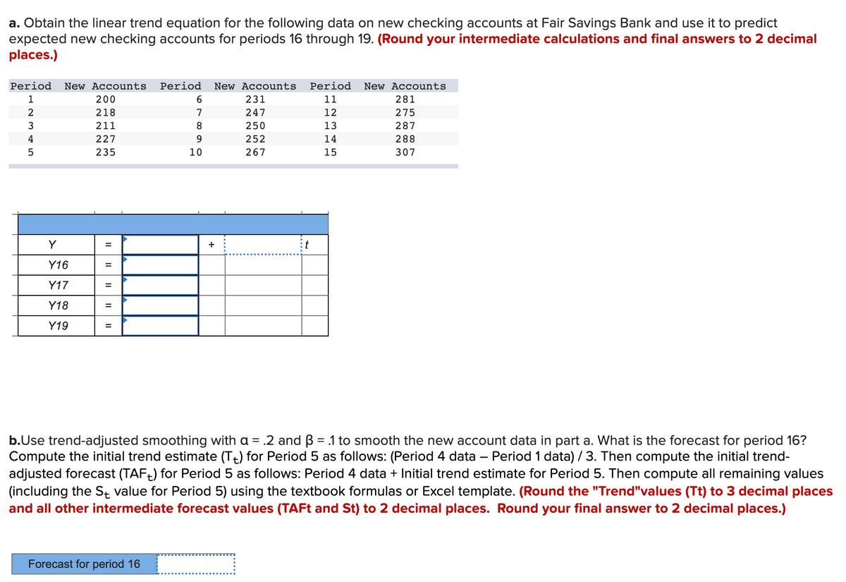 a. Obtain the linear trend equation for the following data on new checking accounts at Fair Savings Bank and use it to predict
expected new checking accounts for periods 16 through 19. (Round your intermediate calculations and final answers to 2 decimal
places.)
Period New Accounts Period New Accounts Period New Accounts
1
11
2
12
3
13
14
15
UAU
4
5
Y
Y16
Y17
Y18
Y19
200
218
211
227
235
=
=
||| ||
=
=
=
6
7
8
9
10
Forecast for period 16
+
231
247
250
252
267
t
281
275
287
288
307
b.Use trend-adjusted smoothing with a = .2 and 3 = .1 to smooth the new account data in part a. What is the forecast for period 16?
Compute the initial trend estimate (T) for Period 5 as follows: (Period 4 data – Period 1 data) / 3. Then compute the initial trend-
adjusted forecast (TAF) for Period 5 as follows: Period 4 data + Initial trend estimate for Period 5. Then compute all remaining values
(including the S value for Period 5) using the textbook formulas or Excel template. (Round the "Trend"values (Tt) to 3 decimal places
and all other intermediate forecast values (TAFt and St) to 2 decimal places. Round your final answer to 2 decimal places.)