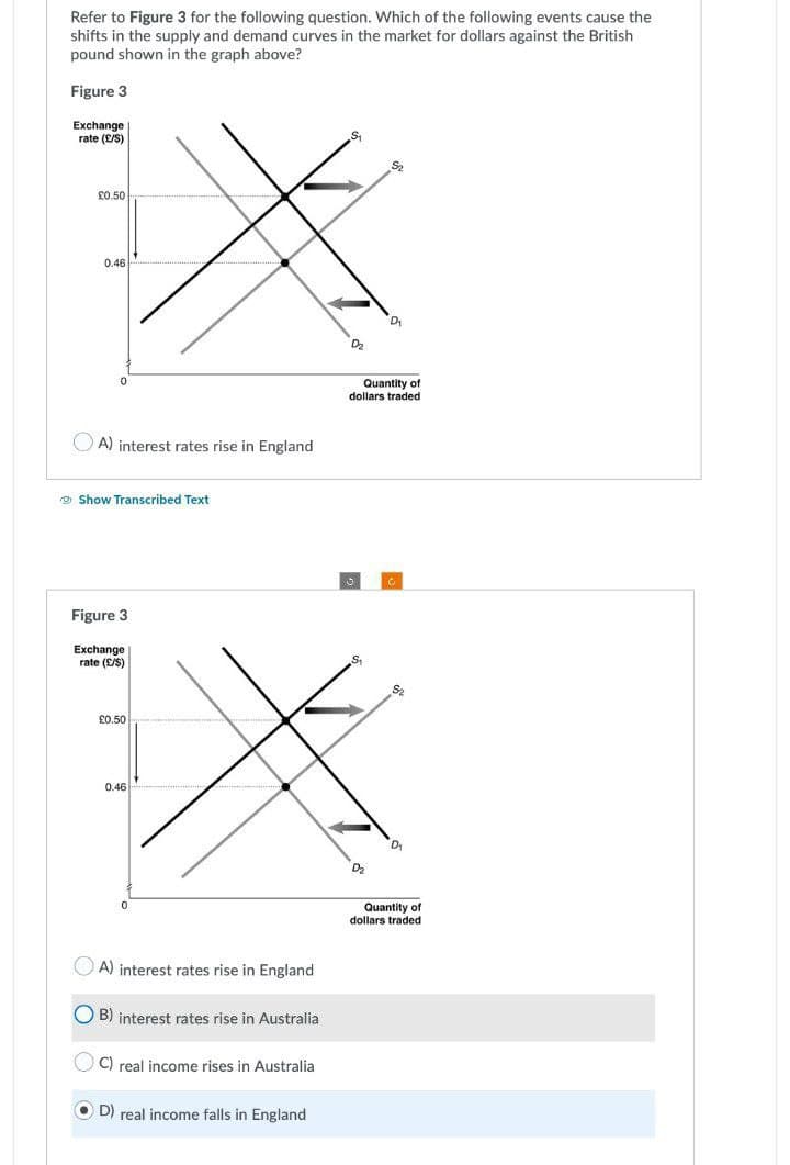 Refer to Figure 3 for the following question. Which of the following events cause the
shifts in the supply and demand curves in the market for dollars against the British
pound shown in the graph above?
Figure 3
Exchange
rate (£/S)
£0.50
0.46
A) interest rates rise in England
Show Transcribed Text
Figure 3
Exchange
rate (£/S)
£0.50
0.46
S₁
S₂
OA) interest rates rise in England
B) interest rates rise in Australia
C) real income rises in Australia
D) real income falls in England
Quantity of
dollars traded
0
C
S₁
D₂
Quantity of
dollars traded