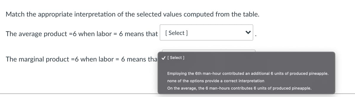 Match the appropriate interpretation of the selected values computed from the table.
The average product =6 when labor = 6 means that [ Select ]
The marginal product =6 when labor = 6 means tha v ( Select ]
Employing the 6th man-hour contributed an additional 6 units of produced pineapple.
none of the options provide a correct interpretation
On the average, the 6 man-hours contributes 6 units of produced pineapple.
