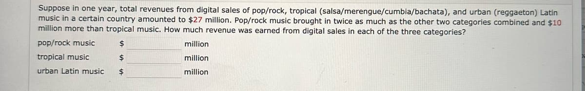 Suppose in one year, total revenues from digital sales of pop/rock, tropical (salsa/merengue/cumbia/bachata), and urban (reggaeton) Latin
music in a certain country amounted to $27 million. Pop/rock music brought in twice as much as the other two categories combined and $10
million more than tropical music. How much revenue was earned from digital sales in each of the three categories?
pop/rock music
$
million
million
tropical music
$
urban Latin music $
million