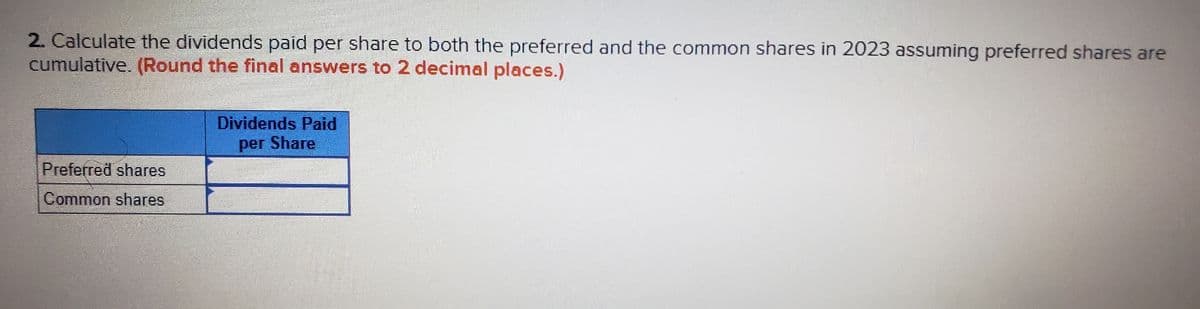 2. Calculate the dividends paid per share to both the preferred and the common shares in 2023 assuming preferred shares are
cumulative. (Round the final answers to 2 decimal places.)
Preferred shares
Common shares
Dividends Paid
per Share